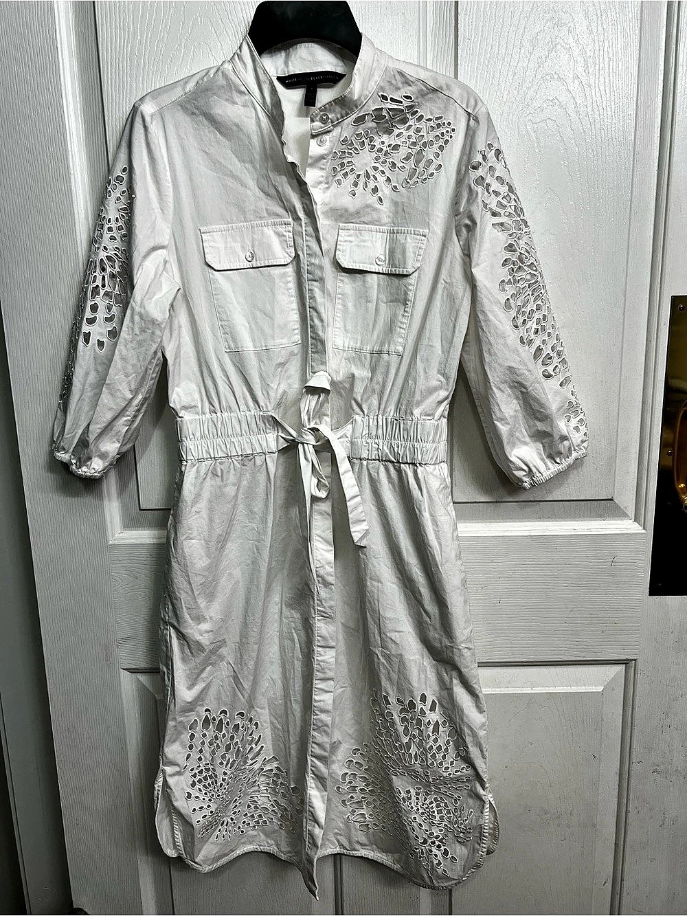 White House Black Market WHBM White Eyelet Cutout Shirt Dress Size 4